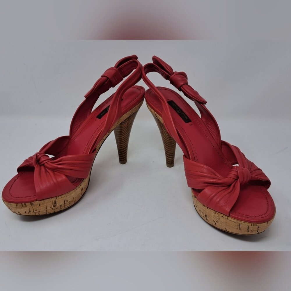 Louis Vuitton Red Leather Platform Slingback Sandals Deerskin Cork 37.5 EU / 7.5 - Picture 6 of 16
